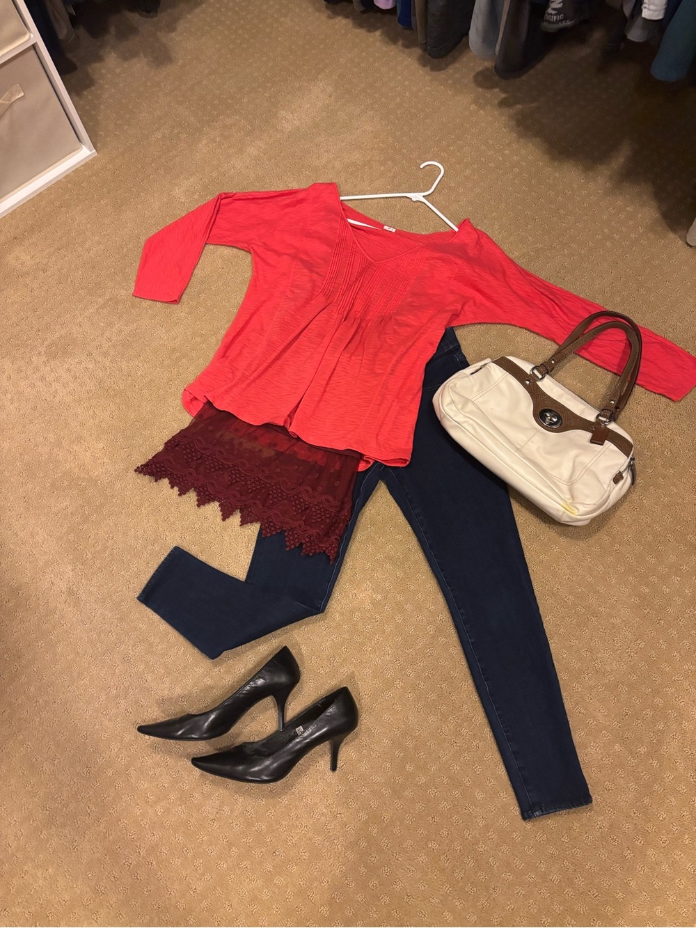 J.Crew Womens Large Coral Red Pintuck V Neck Top 3/4 Sleeve Boho Tunic